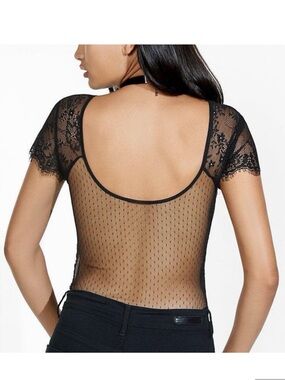 Sheer Back Black Lace Short-Sleeve Bodysuit